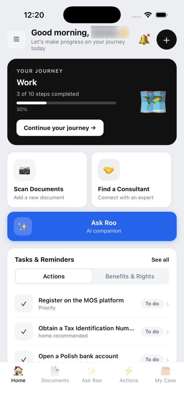 Miguido home screen: your relocation journey at 30%, document scanning, Find a Consultant, Ask Migui, and task reminders